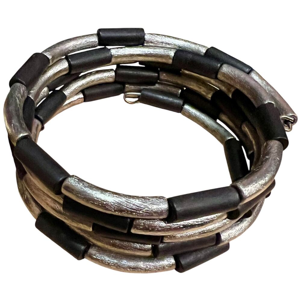 Black Wood & Silver Finish Multi Strand Spiral Bracelet Plus Size Boho
